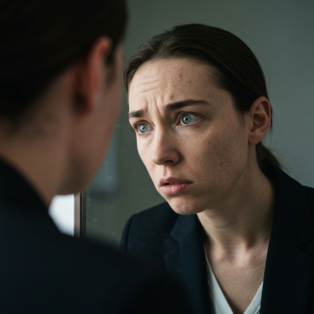 A close-up shot of a person looking in a mirror with a slightly worried expression, their reflection is slightly distorted. The lighting is harsh and unflattering, emphasizing imperfections.