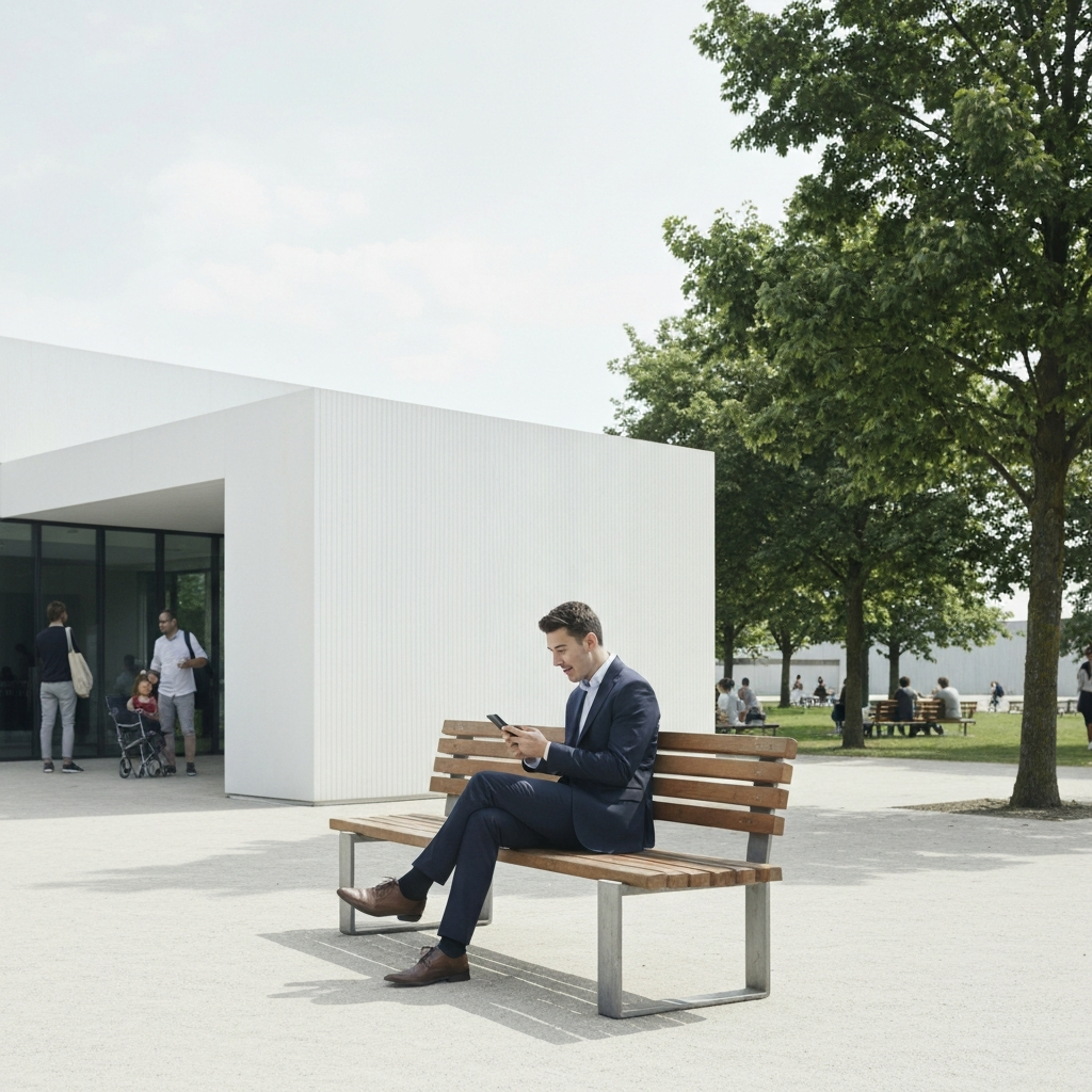 A person sitting alone on a park bench, looking down at a phone with a surprised expression. The park is filled with other people enjoying themselves, but the focus is solely on the individual's reaction.
