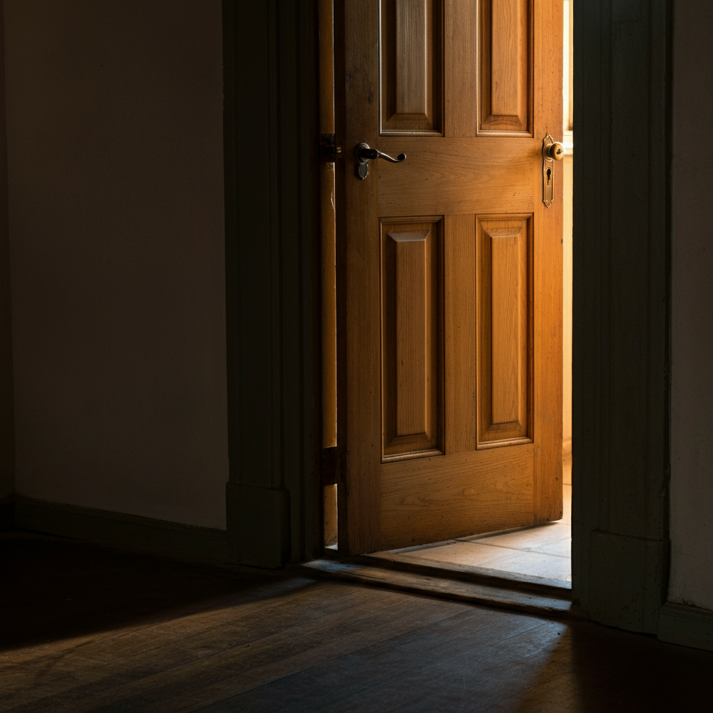 A slightly ajar door with a sliver of light peeking through. The focus is on the texture of the wood and the sense of mystery. A shadow falls across the floor.