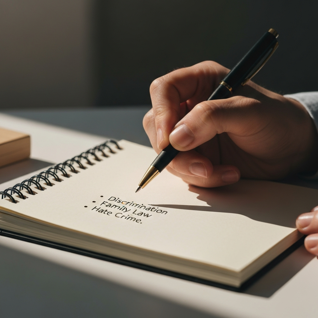 Close-up shot of a hand writing on a notepad with a pen. Soft, natural light illuminates the page and hand. The notepad shows the beginnings of a list: "Discrimination," "Family Law," "Hate Crime."
