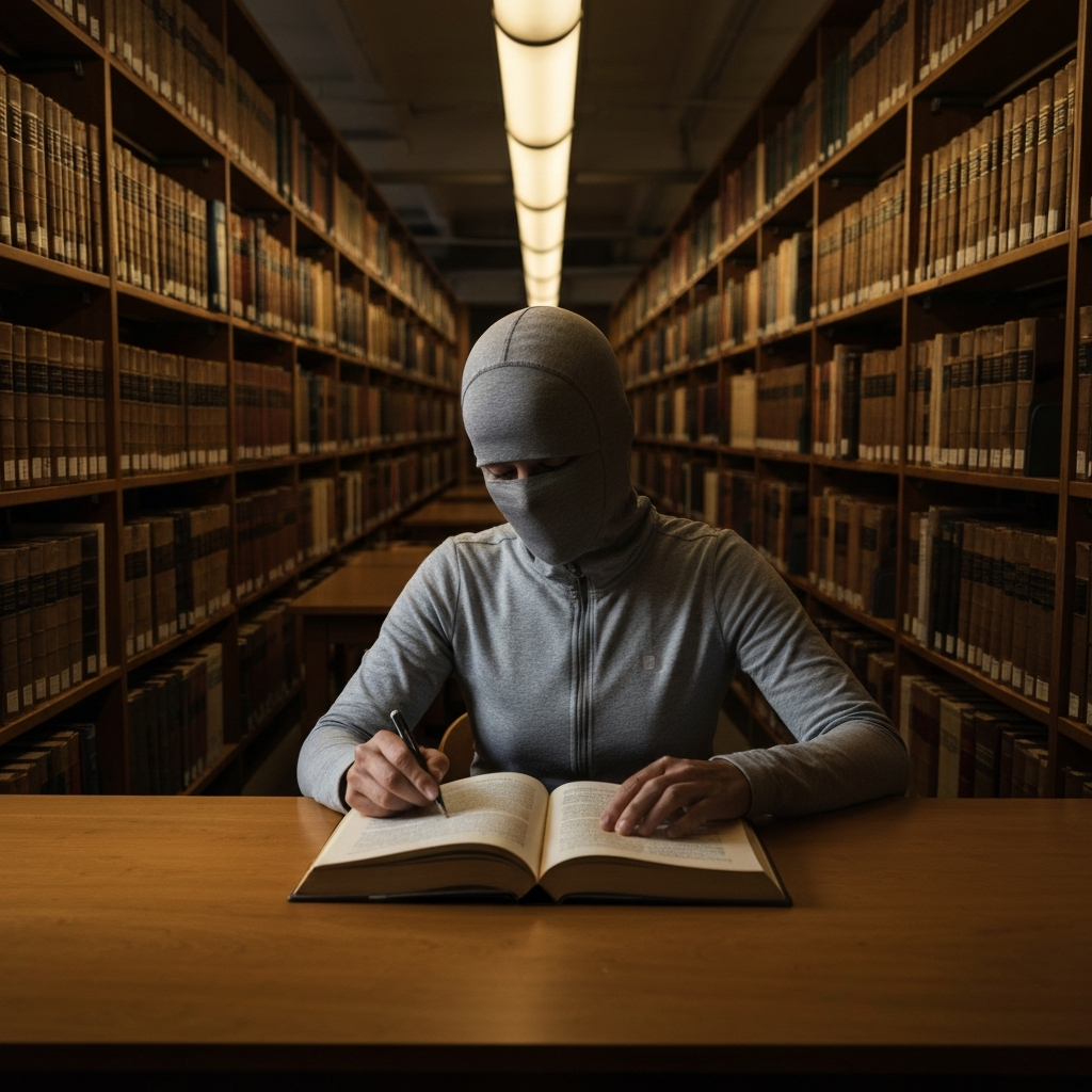 A wide shot in a library. Rows of books are visible with soft lighting. A person is seated at a table, surrounded by books, researching legal codes. Side-lit textures highlight the old books. The person is professionally dressed.