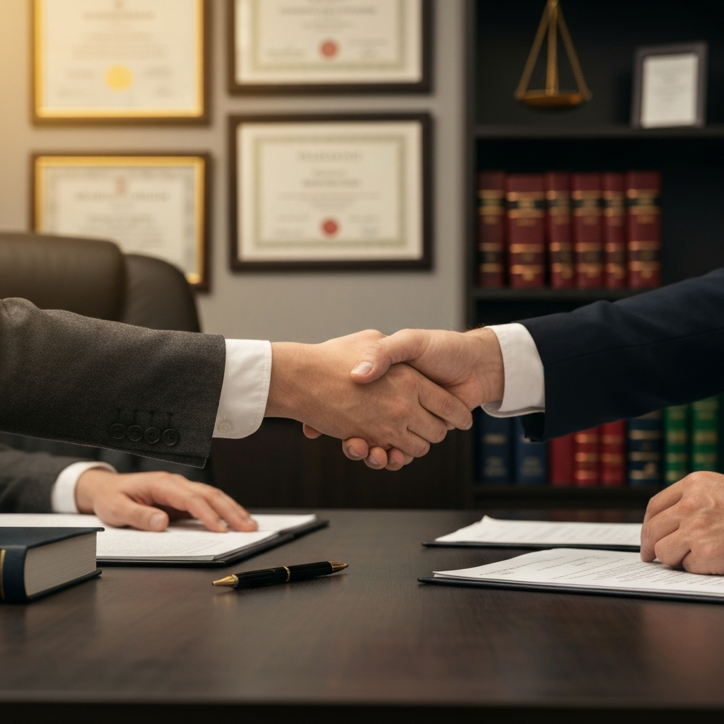 A close-up shot of a hand shaking another hand over a desk in an office. The office is decorated with diplomas and legal books. Golden hour lighting warms the scene.
