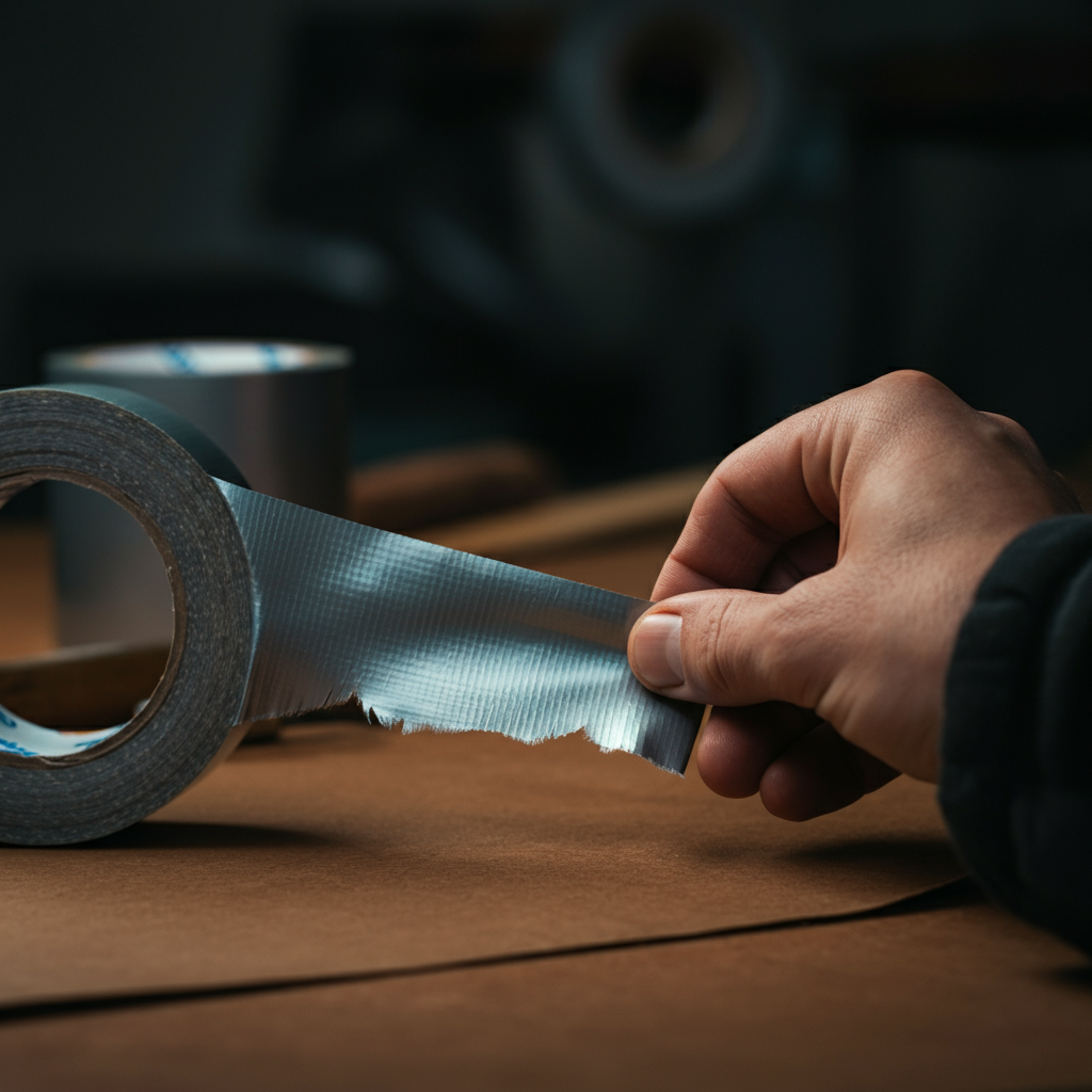 A hand holding a freshly torn strip of silver duct tape, approximately 15 inches long. The tape is slightly reflective under the studio lighting, showcasing its texture. Soft bokeh in the background reveals a roll of duct tape and a clean workbench.