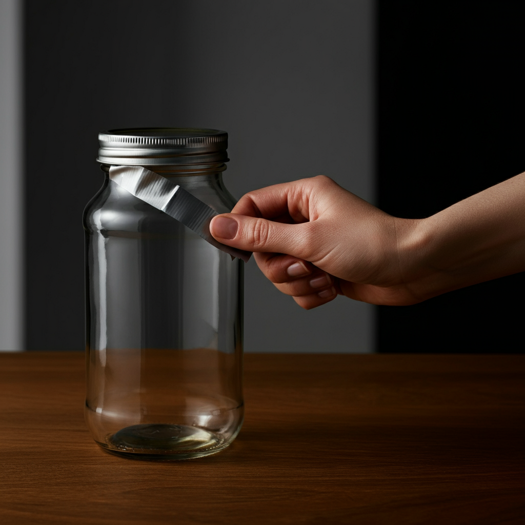 Close-up of a hand pressing a silver duct tape strip onto a glass jar lid. The jar is sitting on a wooden countertop. The lighting is soft and diffused, highlighting the textures of the tape, glass, and wood.