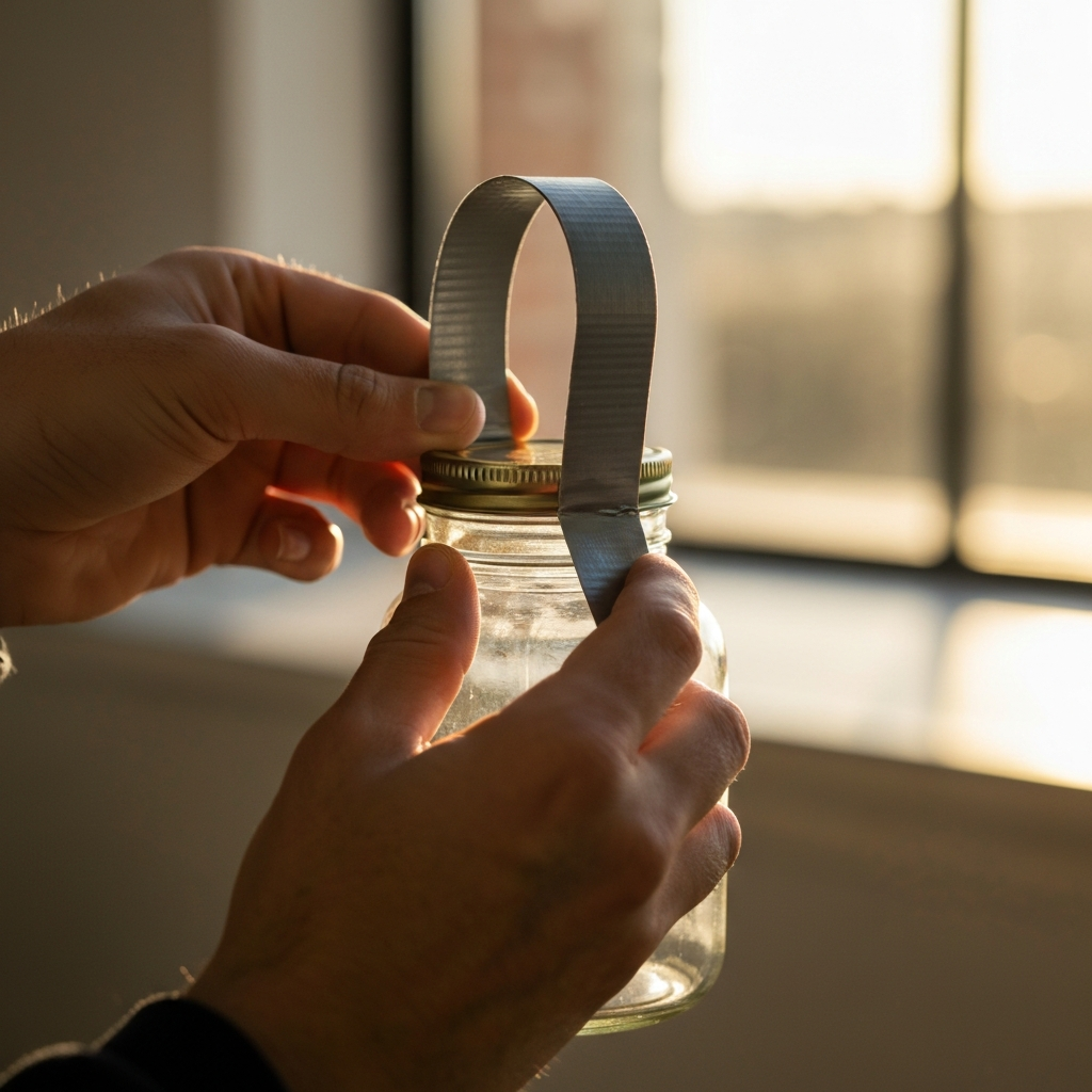 Hands twisting the ends of a duct tape strip to form a reinforced loop, attached to a jar lid. The background is slightly blurred, with natural light coming from a window.