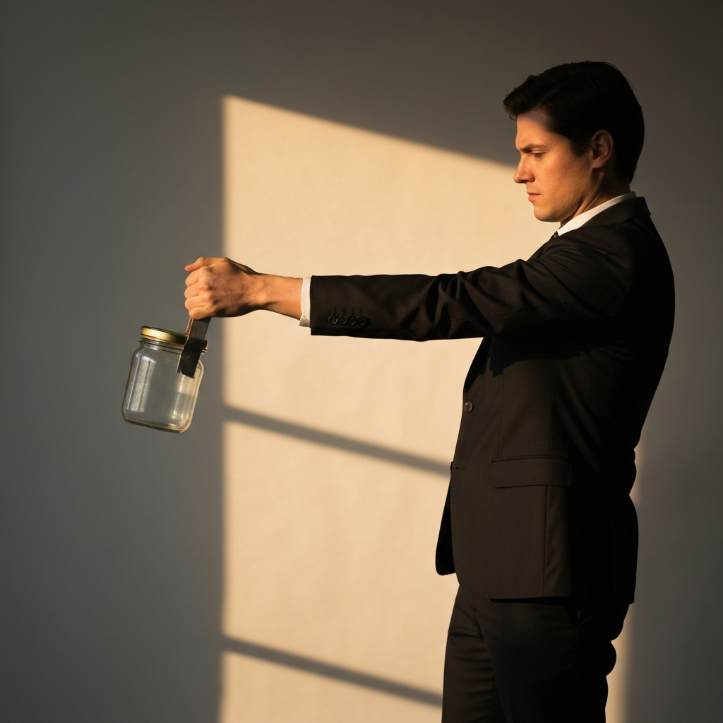 A person pulling firmly but steadily on a duct tape handle attached to a jar lid. Their posture is balanced, showing controlled effort. Golden hour lighting streams in from the side, casting long shadows.