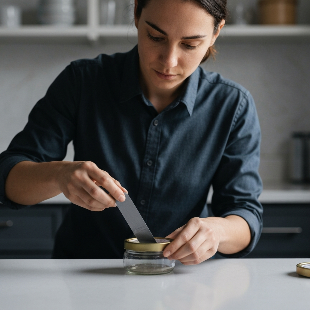 A person carefully removing a used piece of duct tape from a jar lid, preparing to reapply a fresh strip. Their expression is focused and determined. The countertop is clean and well-lit.