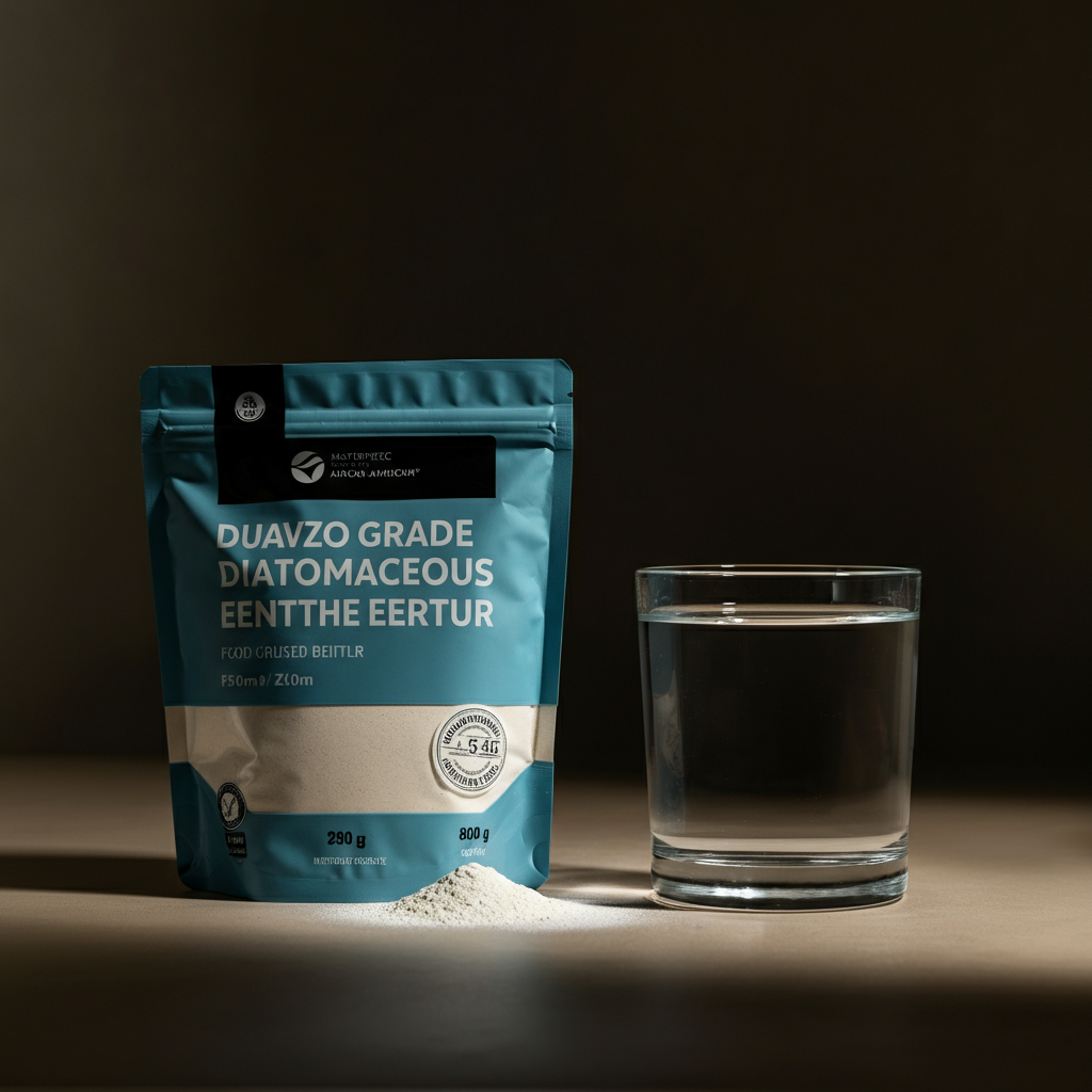 Close-up shot of food-grade diatomaceous earth in its original packaging next to a glass of purified water. Soft, natural light illuminates the scene.