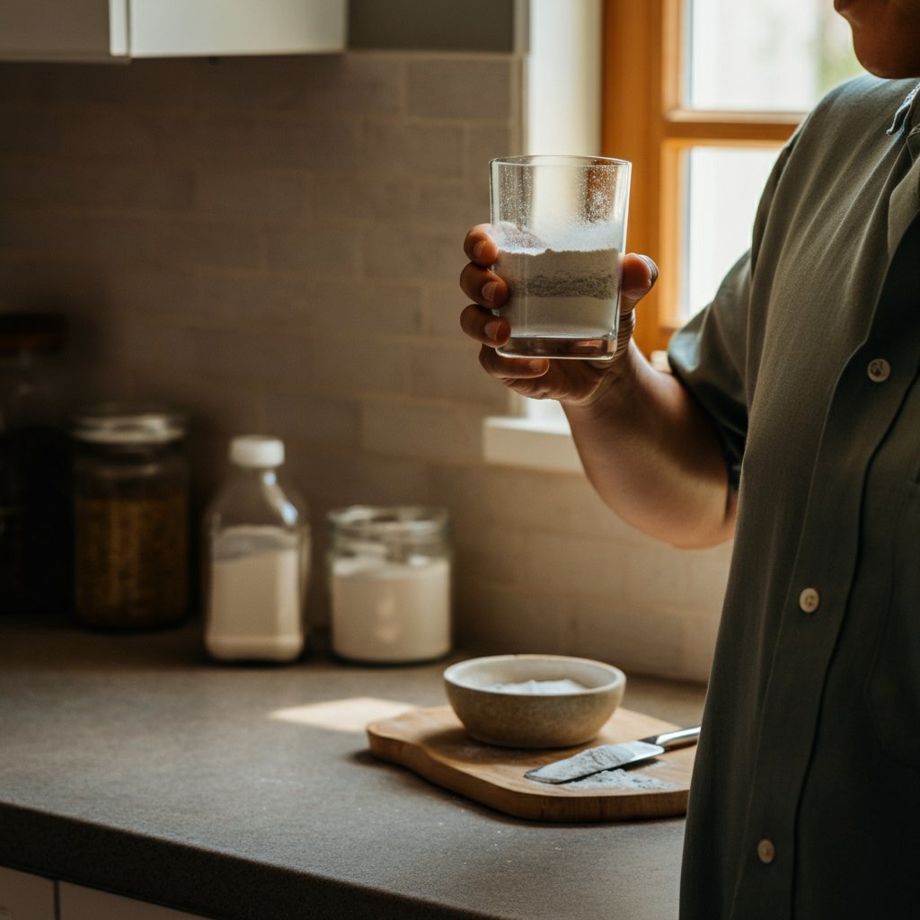 A person holding a glass of diatomaceous earth mixture, about to take a sip. The background is a clean, modern kitchen with natural light streaming through the window.
