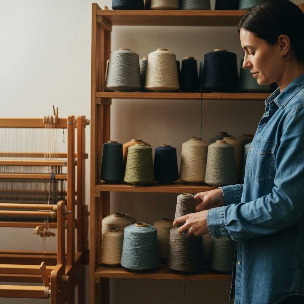 A brightly lit workshop. A weaver, wearing a denim shirt, organizes various spools of colorful yarn on a wooden shelf. Soft bokeh highlights the textures of the yarn. A partially assembled floor loom stands in the background.