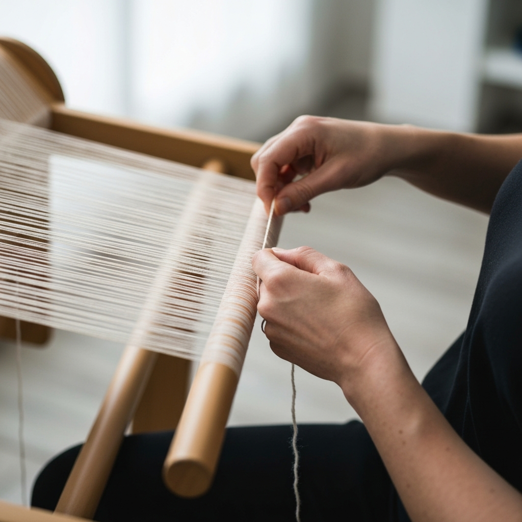 Close-up shot of hands carefully winding yarn around a warping board. Side-lit to emphasize the individual strands of yarn. Focus on the methodical and precise movements.