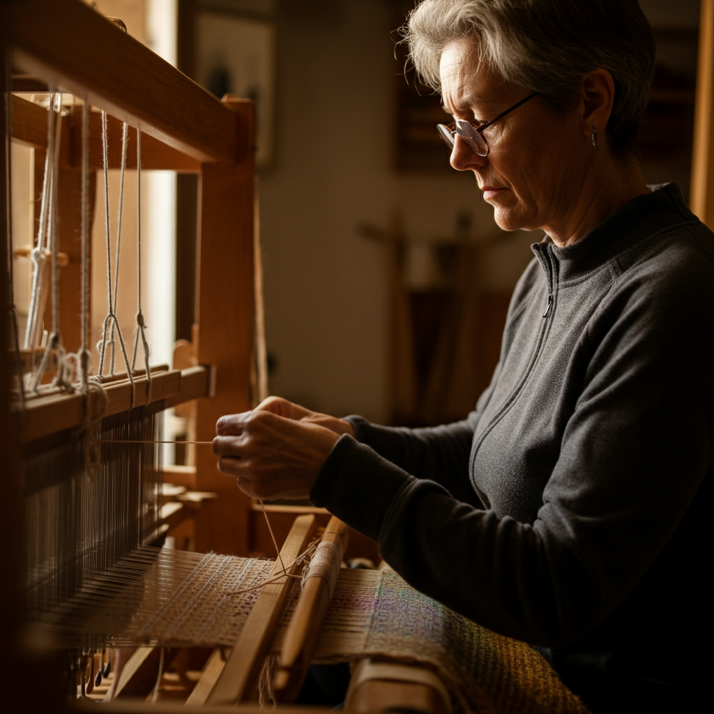 An experienced weaver, wearing glasses, meticulously threads a heddle with a warp thread. Natural light illuminates the loom. The weaver's brow is furrowed in concentration.