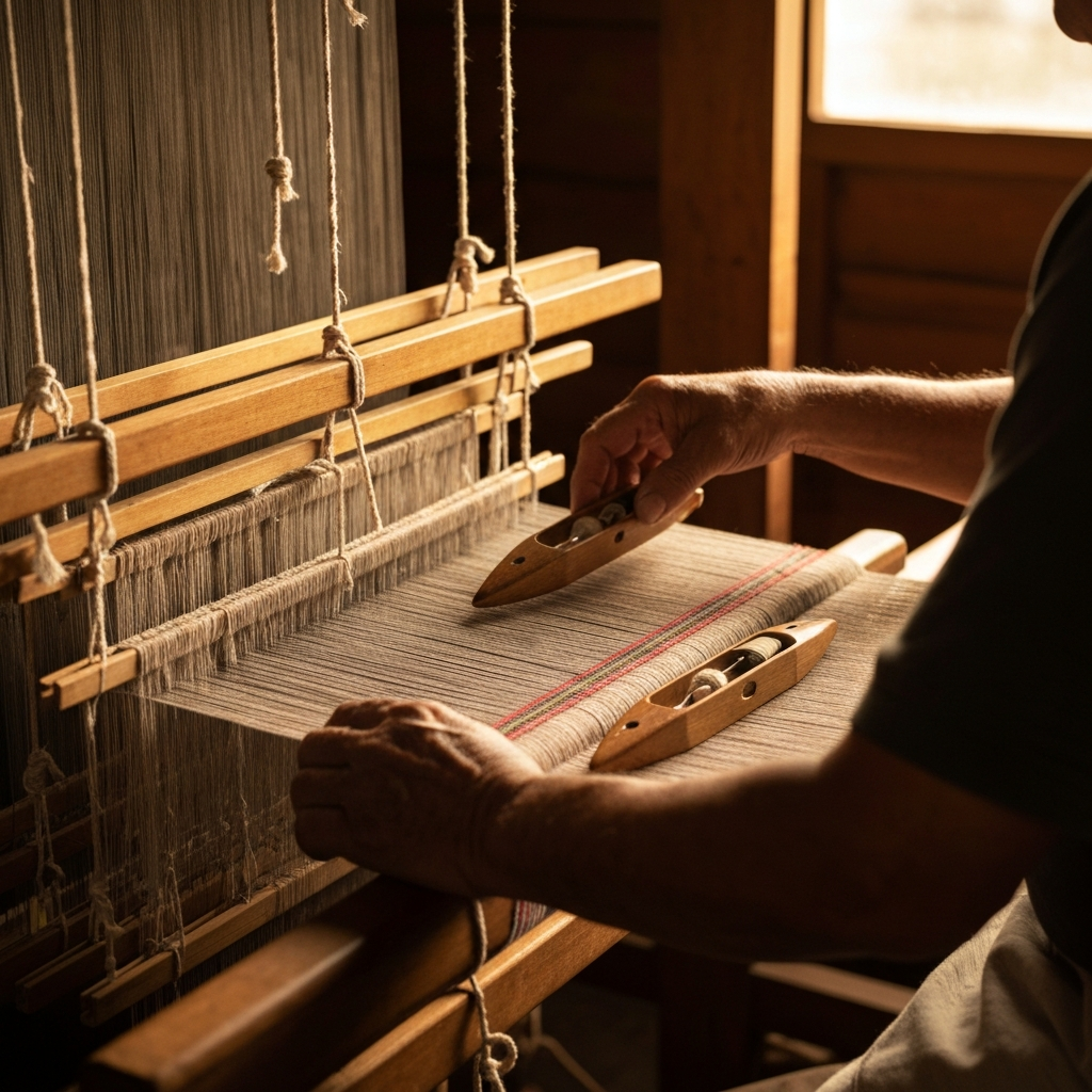 A weaver's hands operating a loom, passing the shuttle through the shed. Golden hour lighting creates a warm and inviting atmosphere. Focus on the rhythm and flow of the weaving process.