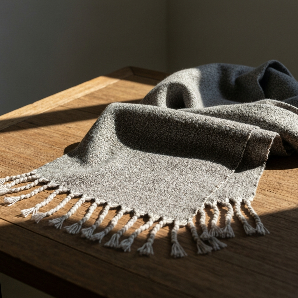 A close-up of a finished scarf with hand-knotted fringe. The scarf is draped over a rustic wooden table. Natural sunlight illuminates the texture of the woven fabric.