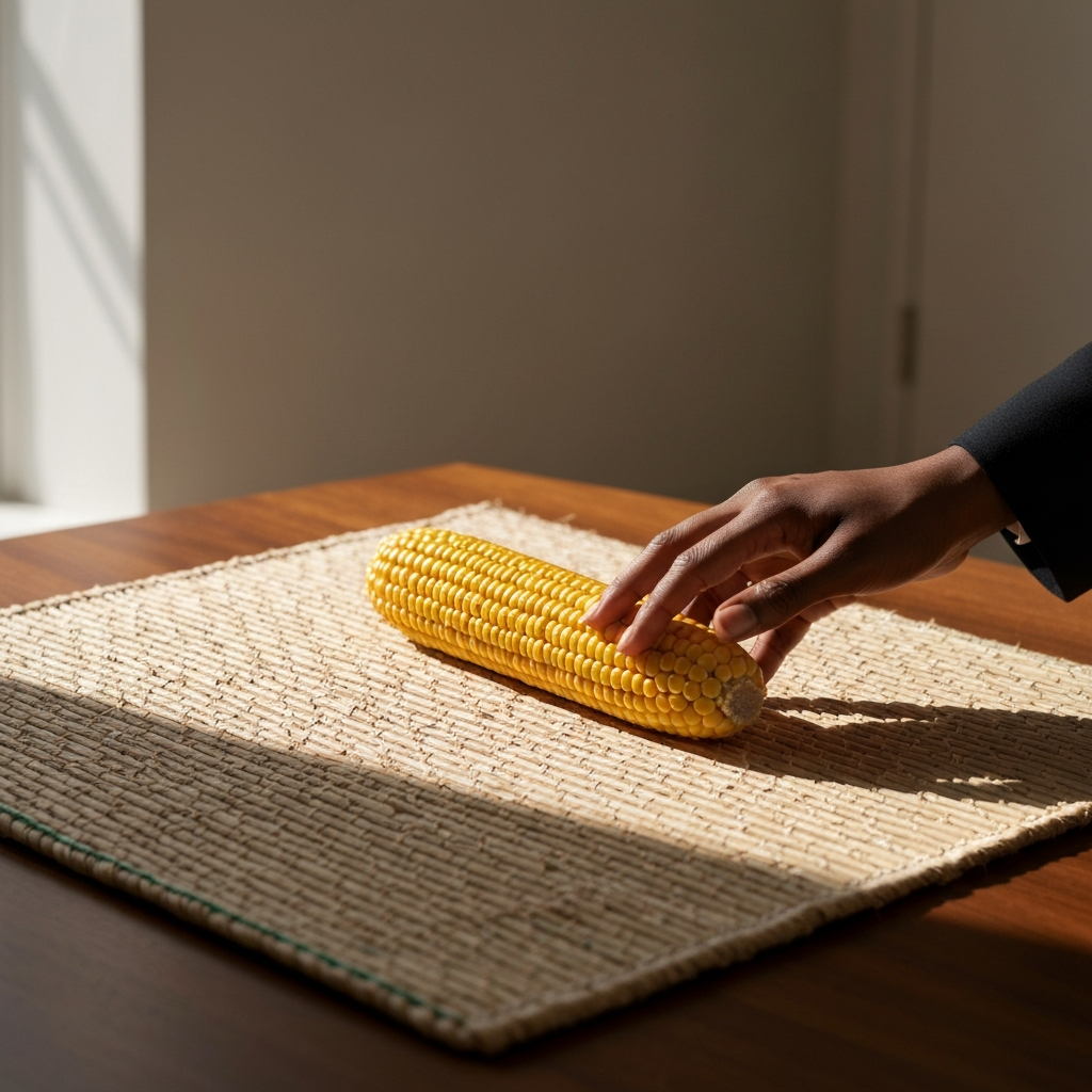 Close-up shot of a meticulously arranged Kwanzaa setting. A hand gently places an ear of corn on a woven mkeka. Side-lit textures of the straw mat and polished wood of the kinara are prominent. Warm, diffused lighting creates a sense of reverence.