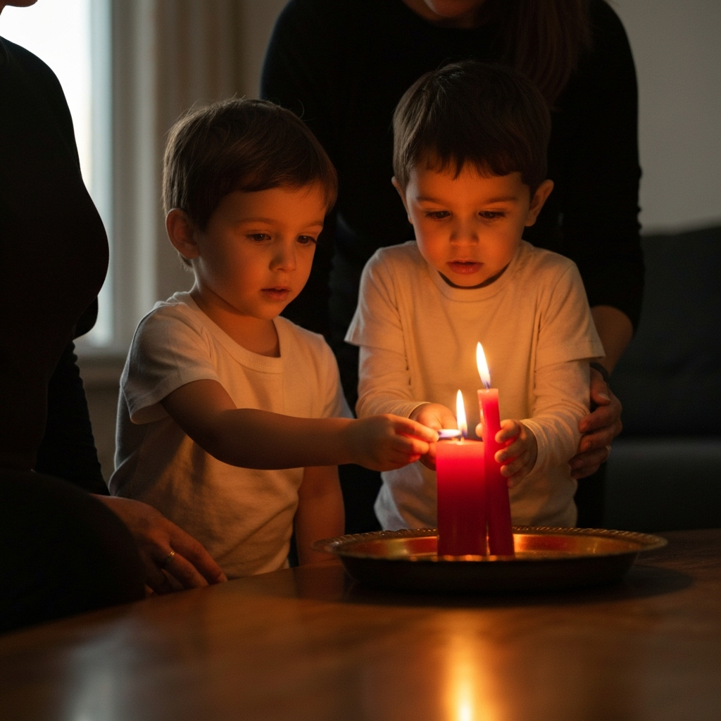 A family gathered in a softly lit room around a kinara. A young child, guided by an adult, carefully lights a red candle. The warm glow of the flames reflects in their eyes. The background is blurred, creating a sense of intimacy and focus on the central ritual.