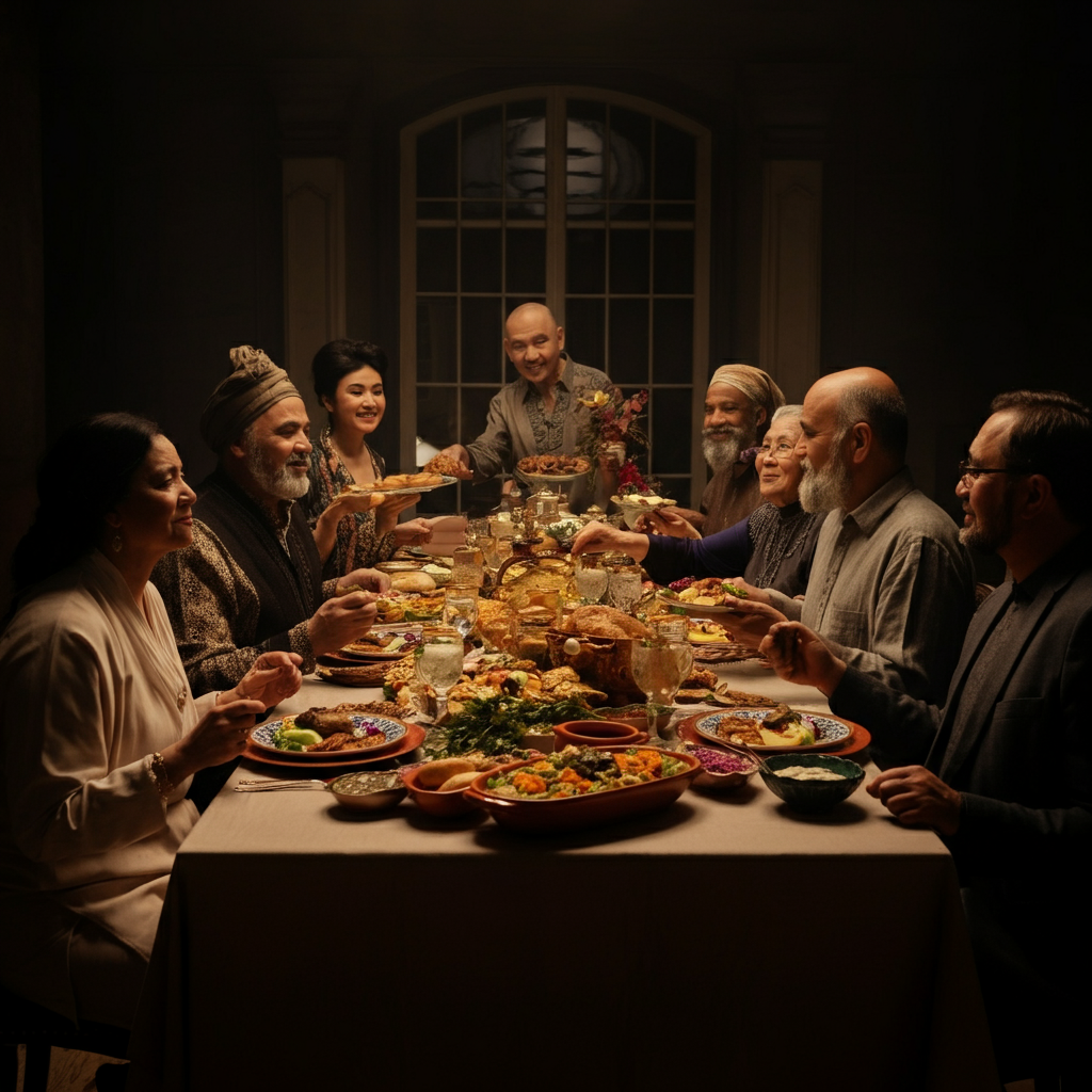 A long table laden with food at a Karamu feast. Diverse dishes are displayed on colorful platters. Multiple generations are shown interacting around the table, smiling and sharing food. Soft, warm lighting creates a festive and inviting atmosphere.