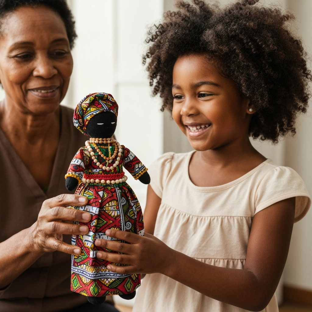A young girl receiving a handmade doll from her grandmother. The doll is dressed in traditional African clothing. The scene is bathed in natural light, highlighting the textures of the fabric and the warmth of the interaction.