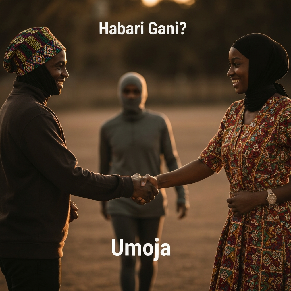 Two people greeting each other with a handshake. Both are dressed in festive attire. One person asks, "Habari Gani?" with a warm smile, while the other responds with "Umoja." The background is slightly blurred to focus on the interaction.