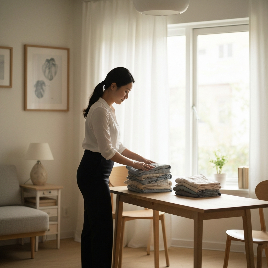 A brightly lit living room with minimalist decor. A woman is folding a neatly arranged stack of clothes on a light-colored wooden table. Soft natural light streams through a large window, creating a warm and inviting atmosphere. The room exudes a sense of calm and order.