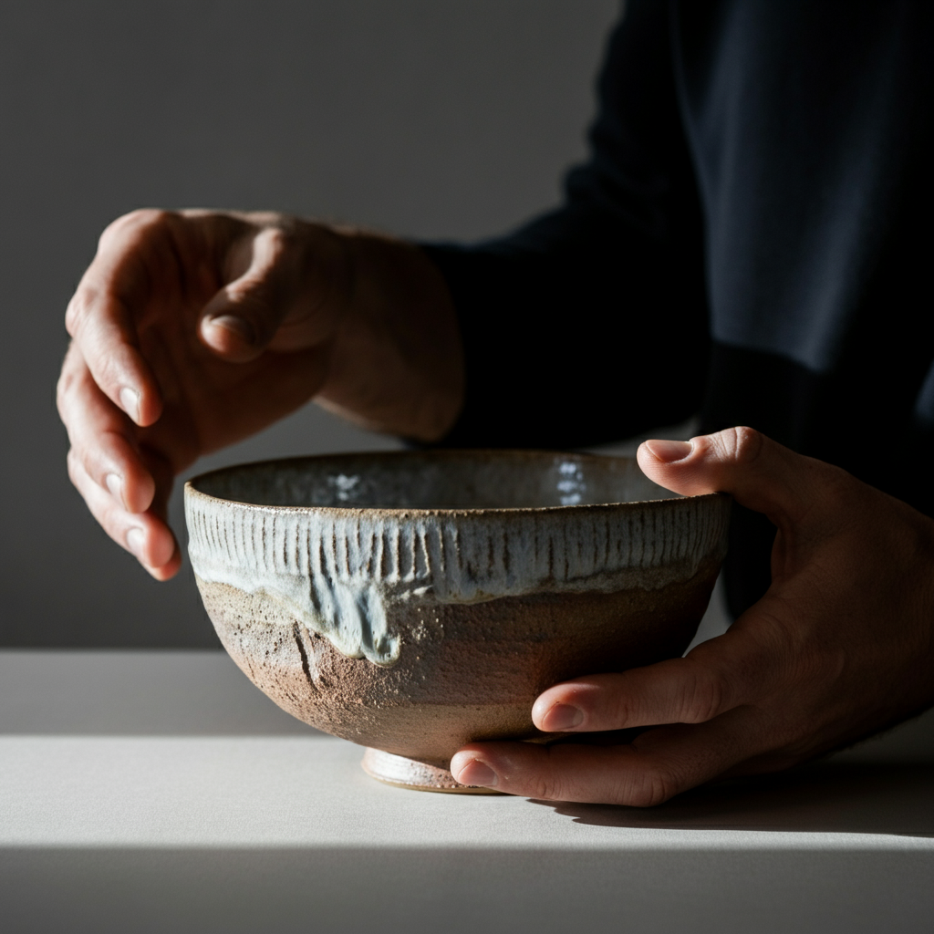 A close-up shot of hands carefully examining a handcrafted ceramic bowl. The bowl has a textured surface and subtle earthy tones. Natural side-light highlights the details and craftsmanship. Background is soft and blurred.