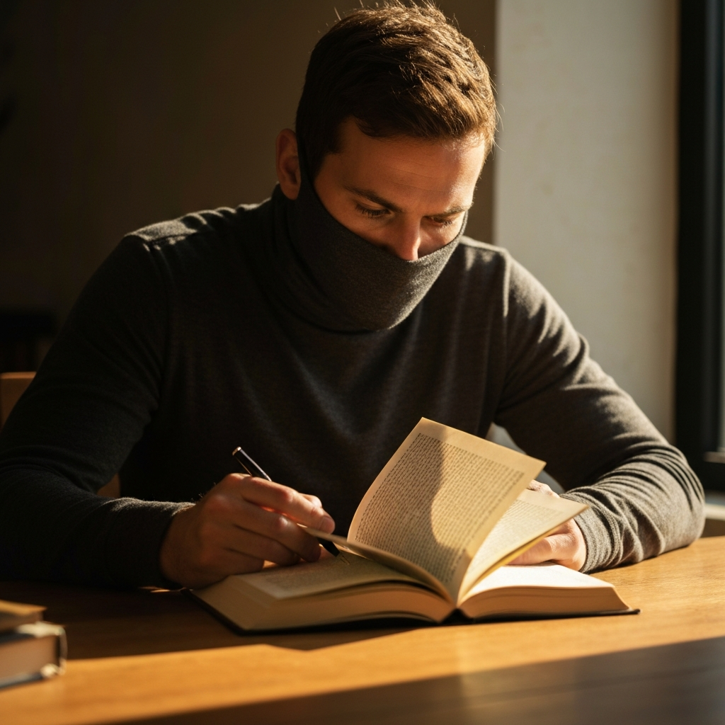 A person sitting at a wooden desk, fully focused on a single book. Soft, diffused sunlight illuminates the page, casting a warm glow on their face. The background is intentionally blurred, emphasizing their concentration.