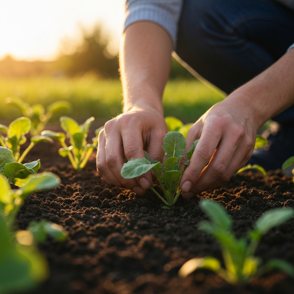 A person's hands, gently tending to a small vegetable garden. The scene is bathed in golden hour lighting, creating a warm and peaceful ambiance. Rich textures of soil and greenery are visible. The composition is tight and focuses on the act of nurturing.