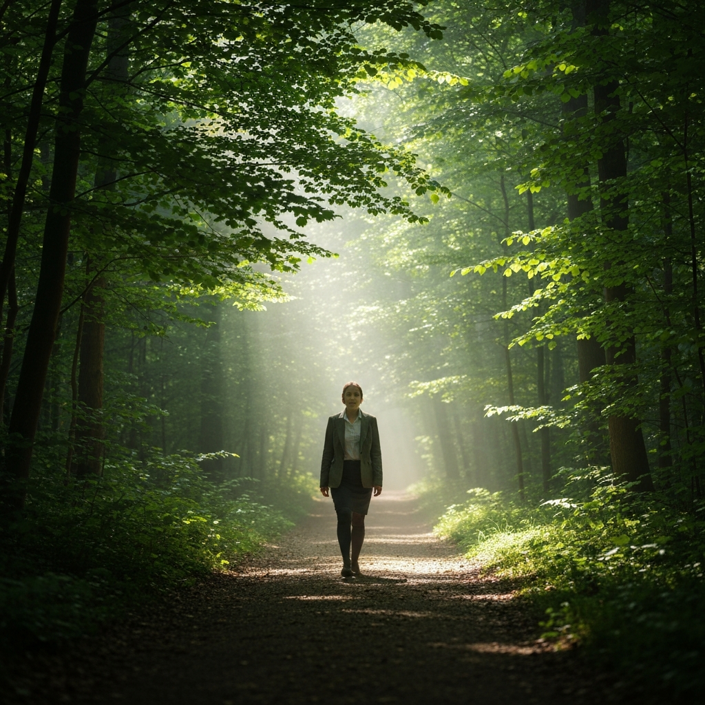 A wide-angle shot of a forest path bathed in dappled sunlight. The leaves are a vibrant green, and the air is filled with a soft, hazy mist. The path invites the viewer to explore the serene and natural environment.