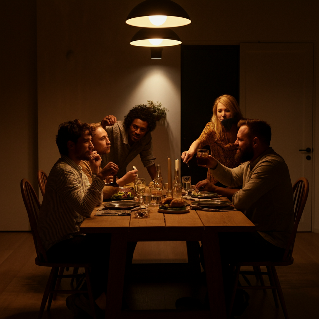 A group of friends gathered around a wooden table, sharing a meal and engaging in lively conversation. Warm, inviting lighting fills the room, creating a sense of connection and camaraderie. The table is set with simple, elegant tableware.