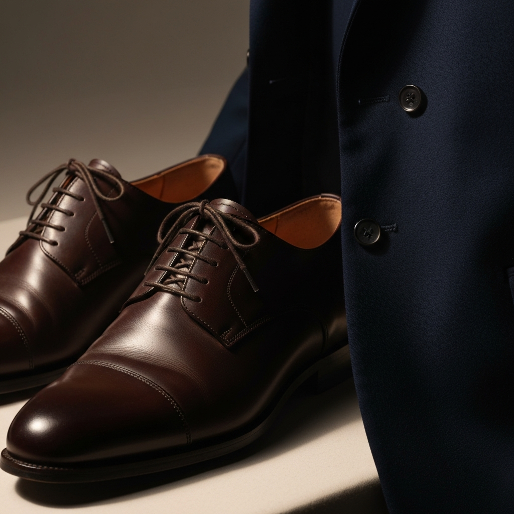 A close-up shot of dark brown leather Oxford shoes next to a navy suit jacket, lit with soft, warm studio lighting emphasizing the texture of the leather and the weave of the suit fabric.