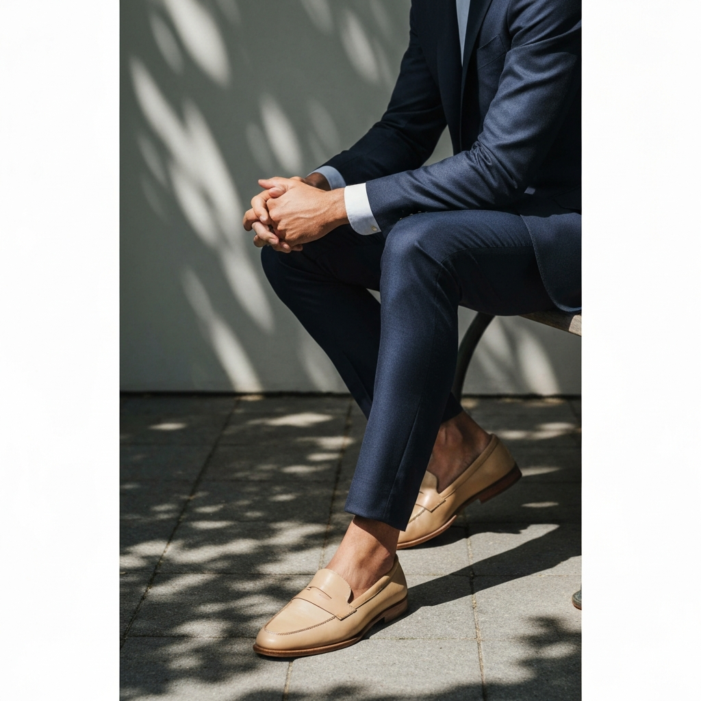 A medium shot of a man in a navy suit sitting on a park bench in dappled sunlight, wearing light tan leather loafers, showcasing the contrast against the dark suit fabric.