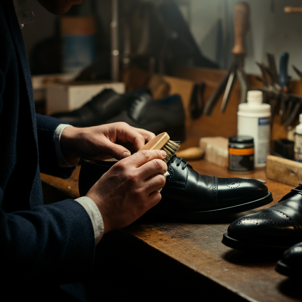 Close up of a cobbler's hands using a brush and cloth to polish a black leather shoe on a wooden workbench with tools and shoe polish visible in the background. Soft, diffused light from a window.