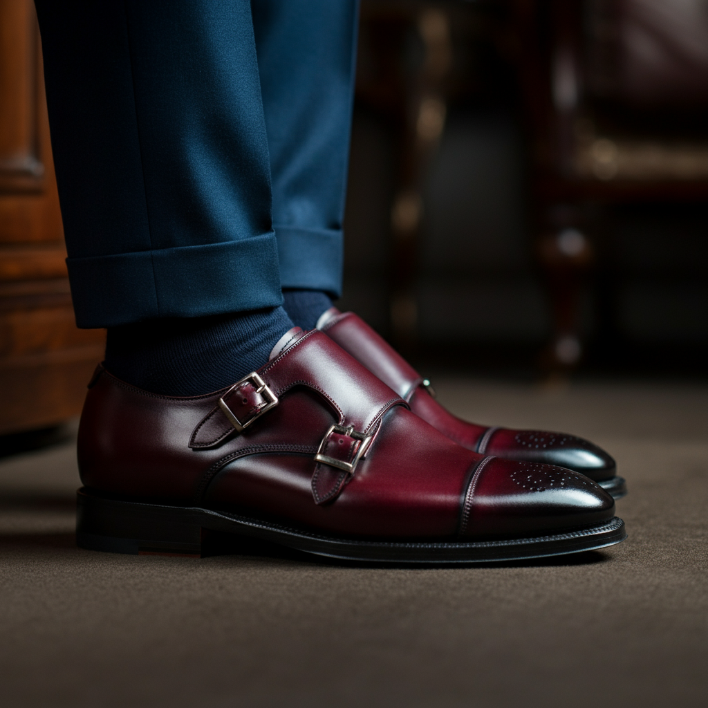 A close-up shot of burgundy leather monk strap shoes, side-lit to showcase the rich color and buckle detail. The background is slightly blurred, featuring the edge of a navy suit trouser.