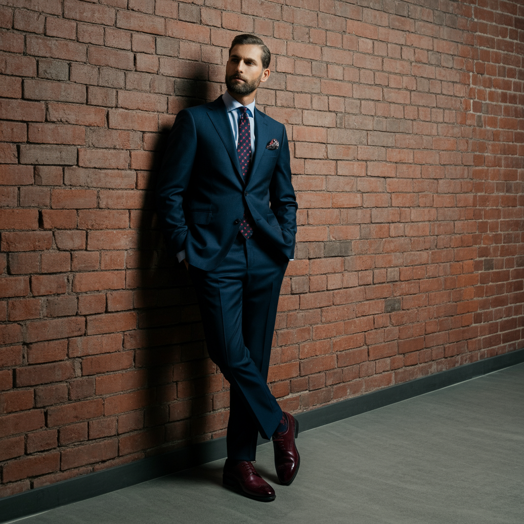 A well-dressed man standing against a brick wall, wearing a navy suit, burgundy shoes, and a patterned pocket square featuring burgundy and navy tones. Golden hour lighting with a soft bokeh effect.