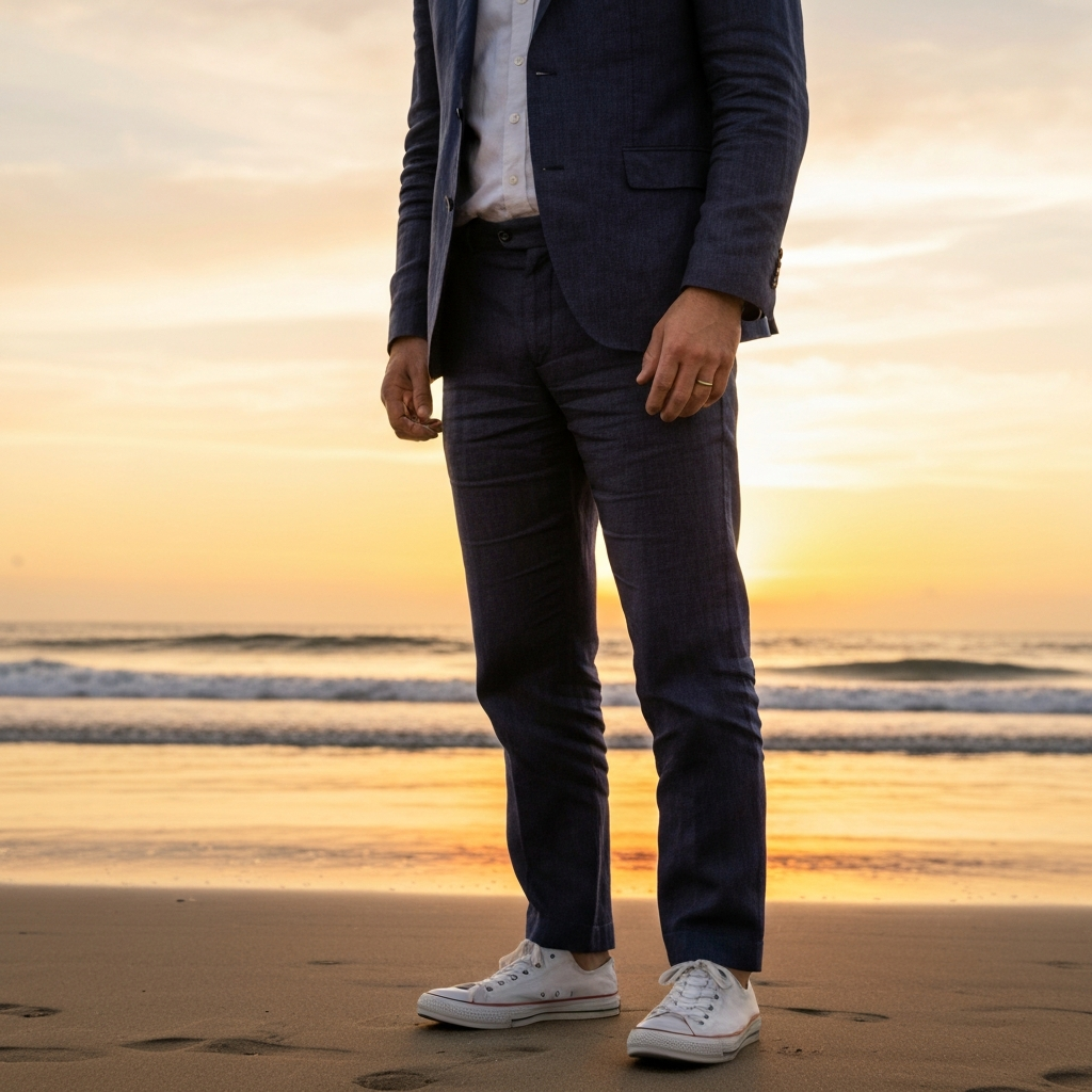 A man standing on a beach at sunset, wearing a navy linen suit and white canvas sneakers, with the ocean and sky in the background. Warm, golden light.