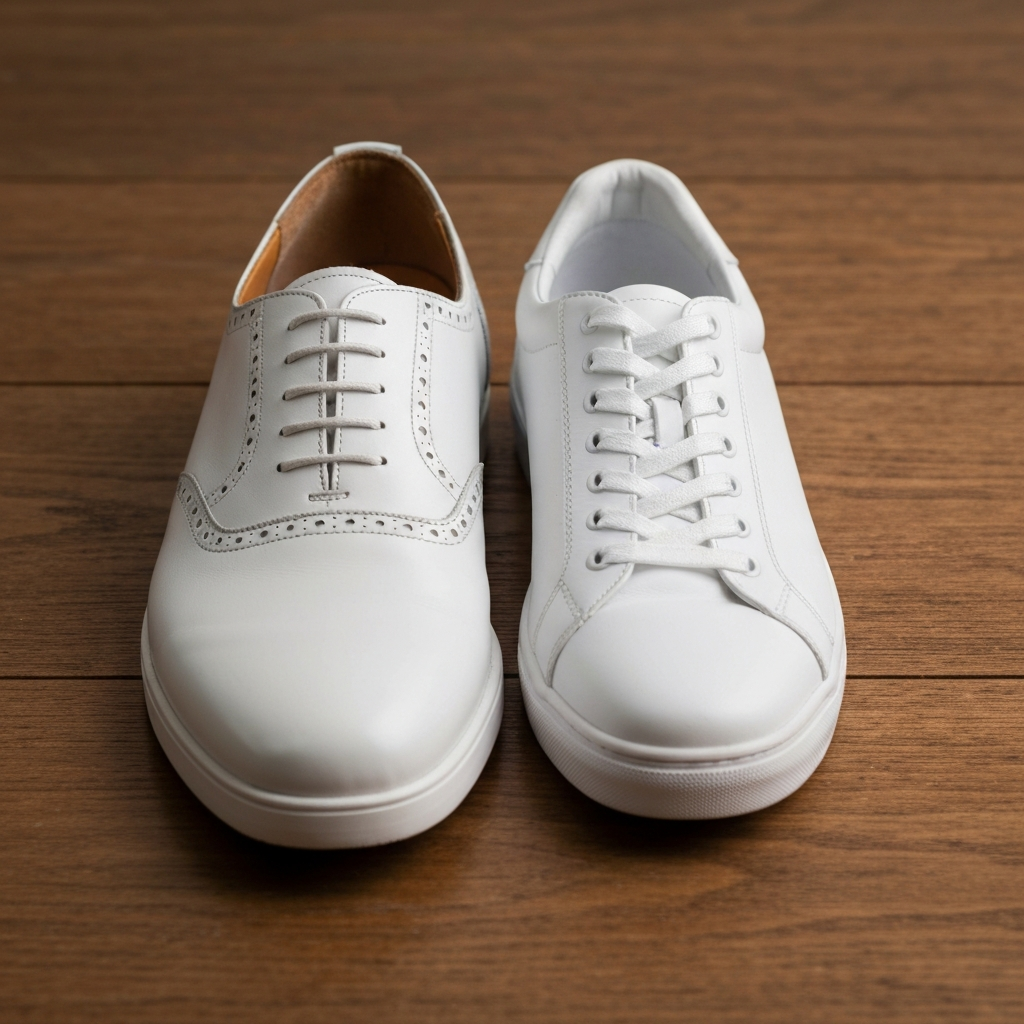 Two pairs of white shoes side-by-side on a wooden surface. On the left, a white leather Oxford; on the right, a clean white sneaker. Soft, natural lighting from above.