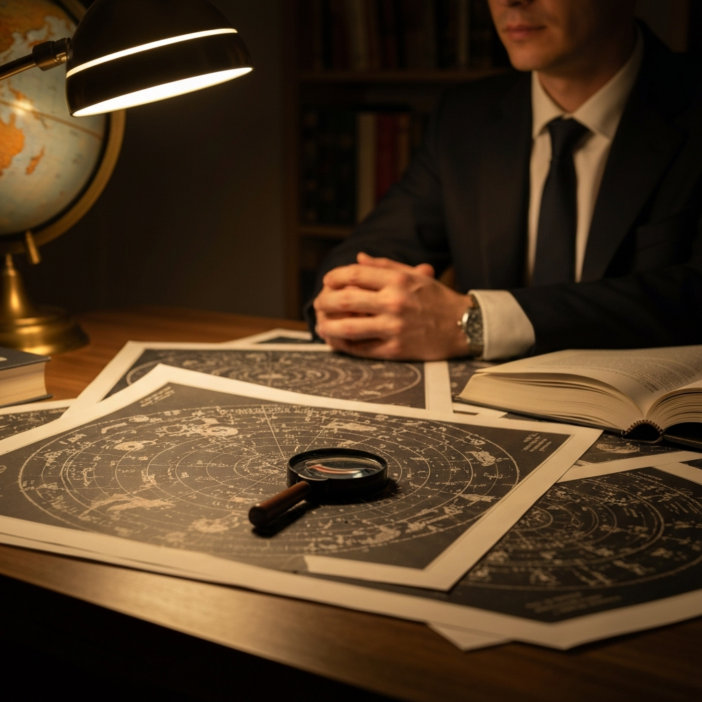 A warmly lit study with a desk covered in star charts and astrology books. A magnifying glass rests on one of the charts, highlighting the Cetus constellation. Soft bokeh in the background suggests a globe and bookshelves.