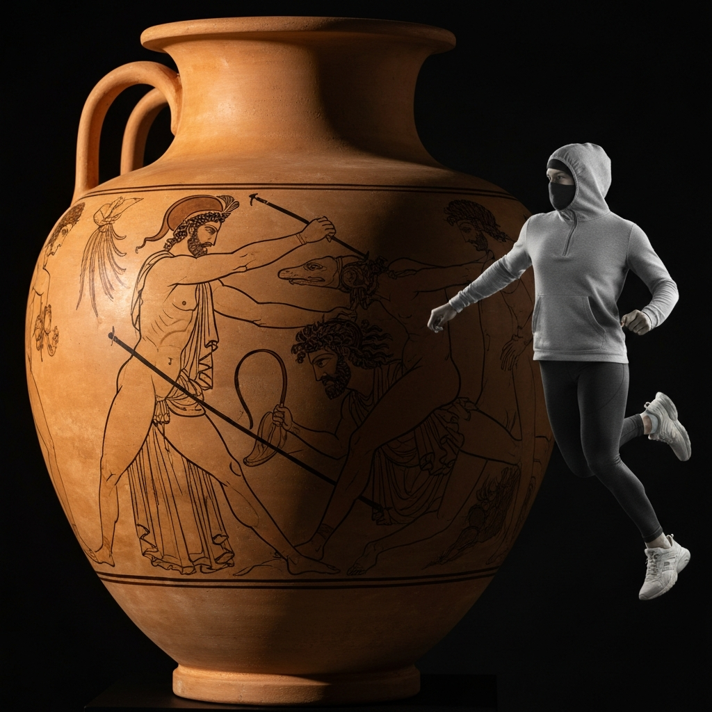 A close-up of an ancient Greek vase painting depicting Perseus battling Cetus to save Andromeda. The painting is side-lit, showcasing the texture of the clay and the intricate details of the figures.