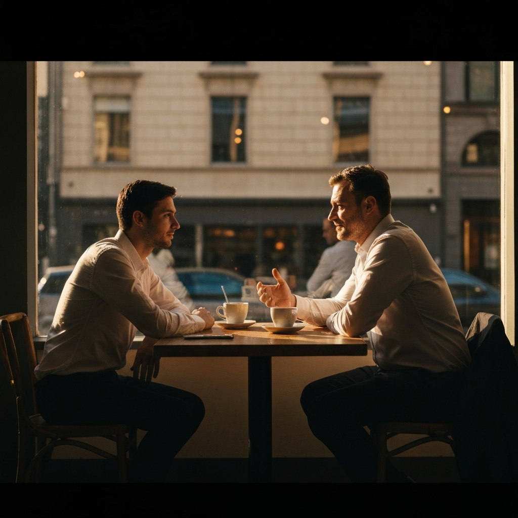 Two individuals sitting across from each other at a cafe table, engaged in a deep conversation. The cafe is bathed in golden hour lighting, creating a warm and inviting atmosphere. They are fully clothed in professional casual wear.