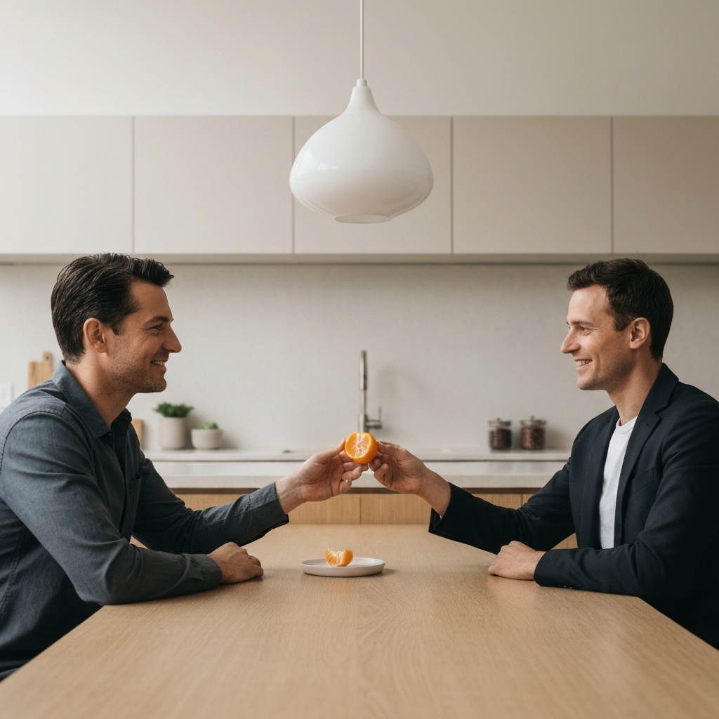 Two people sitting at a kitchen table, one handing the other a peeled orange segment. They are smiling and maintaining eye contact. Warm, inviting lighting.