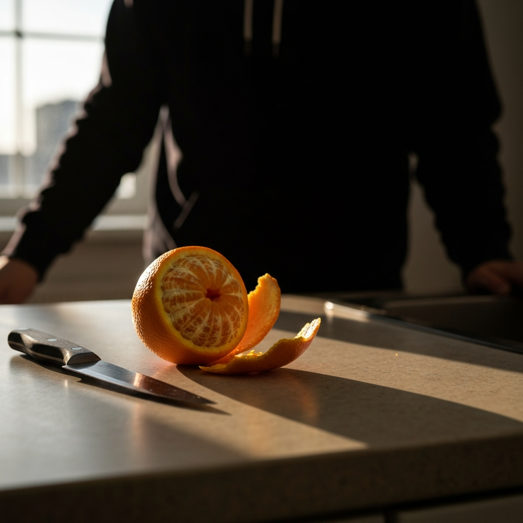 A partially peeled orange lying on a kitchen counter, with a knife and cutting board nearby. The lighting is somewhat harsh, creating distinct shadows. Composition suggests a moment of frustration or unfinished business.