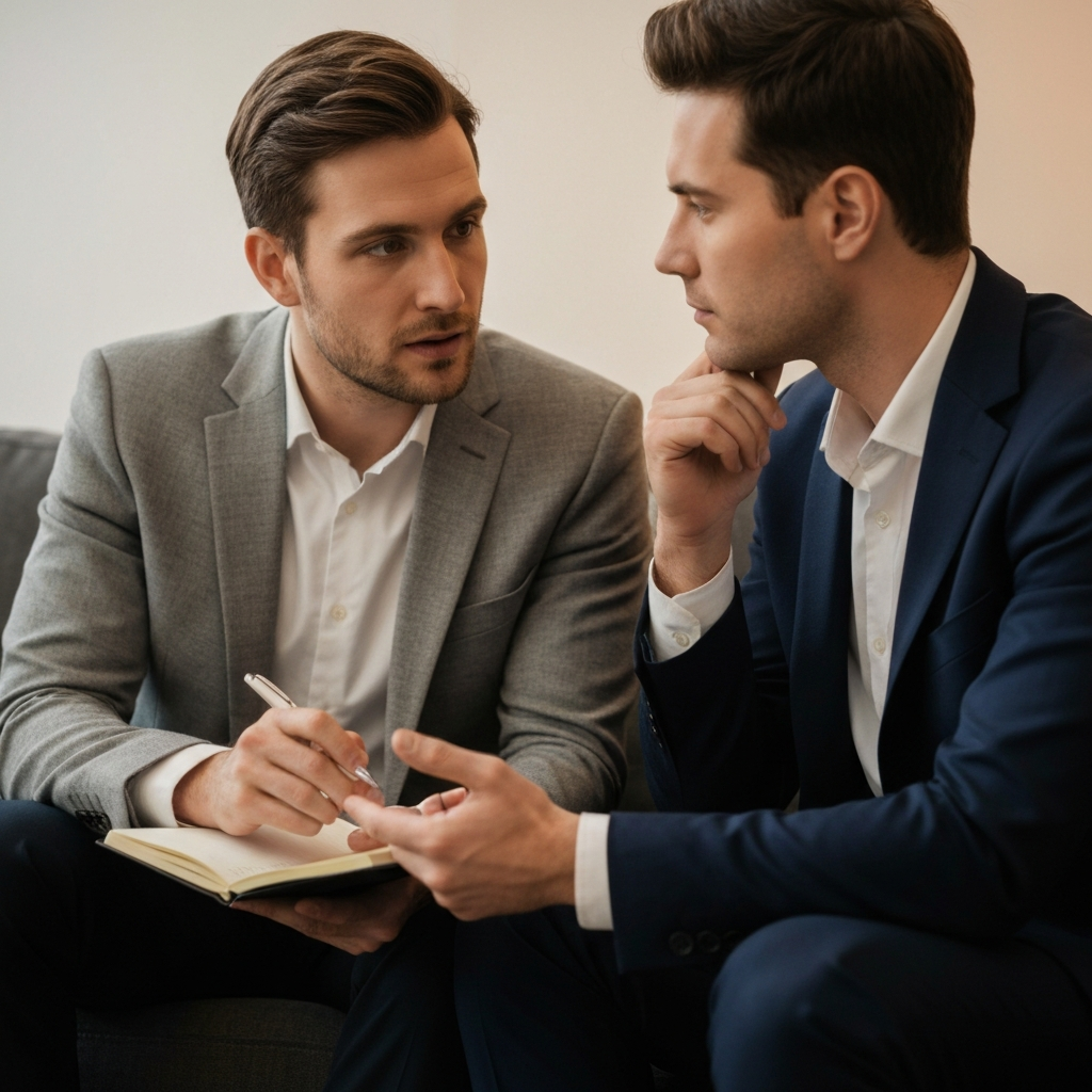 A couple sitting on a couch, engaged in a thoughtful conversation. One is holding a notebook and pen, seemingly taking notes. The lighting is soft and warm, creating a comfortable atmosphere.