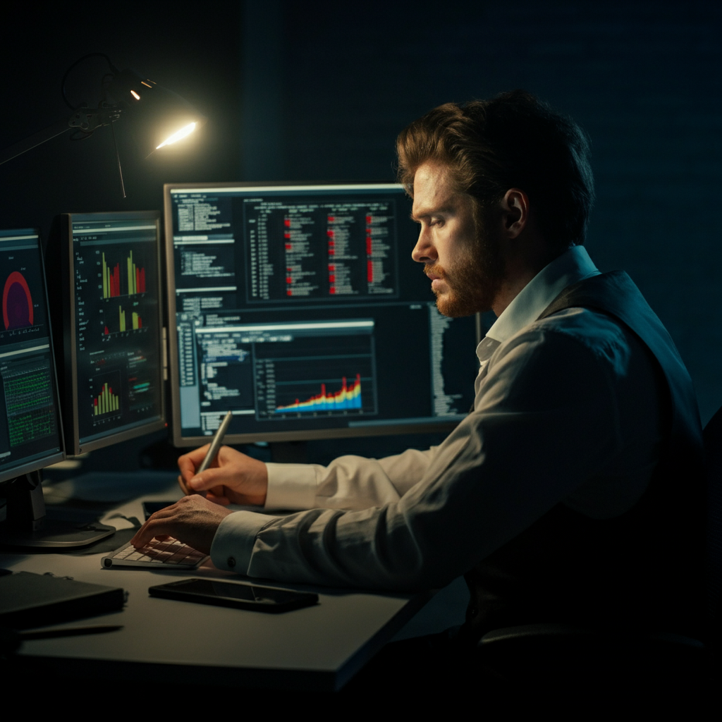A person working at a desk with multiple screens displaying information. They look tired and stressed. The lighting is dim and focused on the workspace.