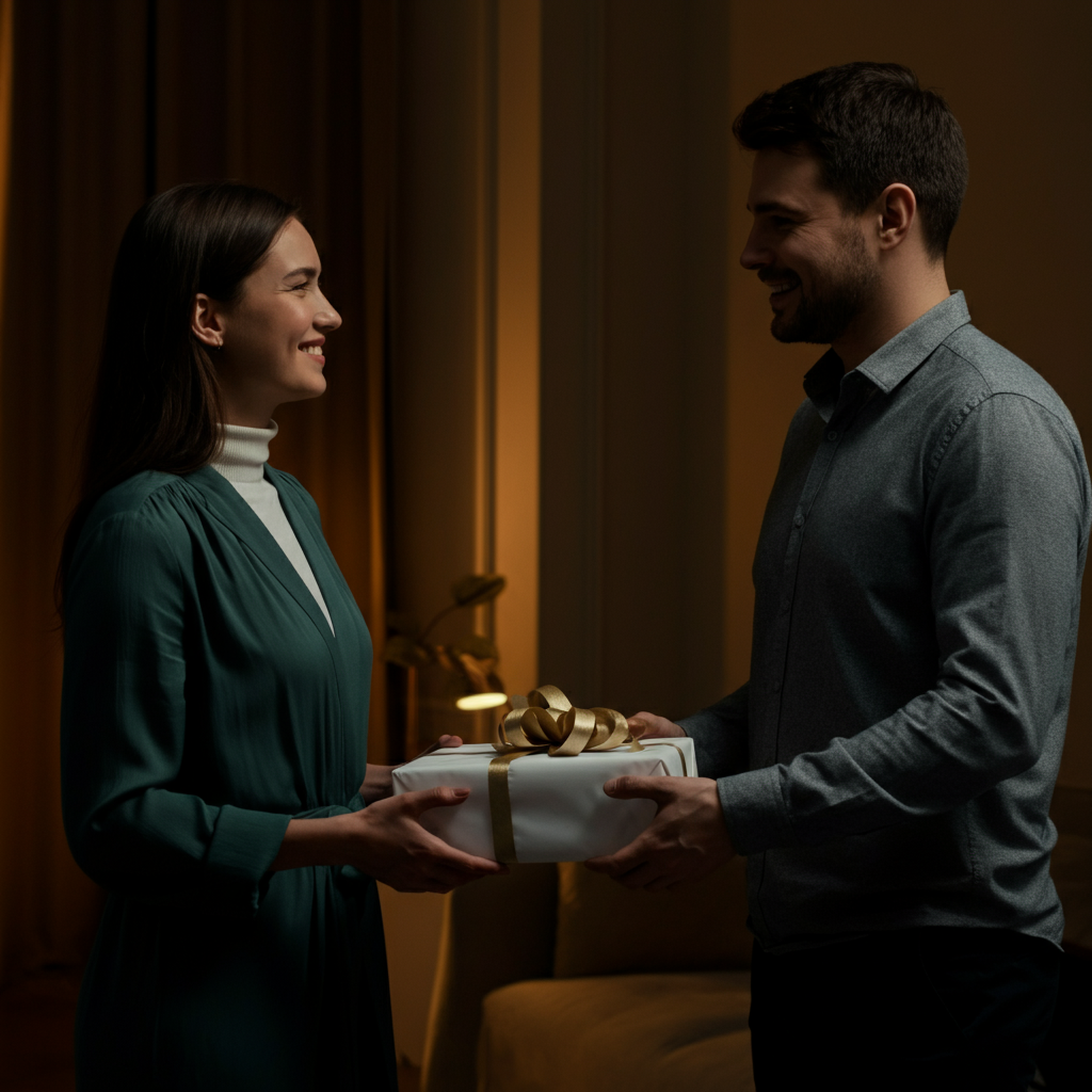 A couple exchanging gifts, with genuine smiles and eye contact. The gifts are wrapped simply and elegantly. Golden hour lighting creates a warm, romantic atmosphere.