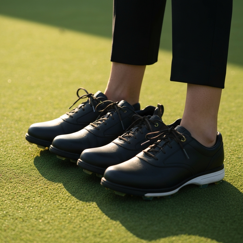 Close-up shot of four golf shoes lined up on the tee box, morning light creating long shadows, soft green grass texture in the background.