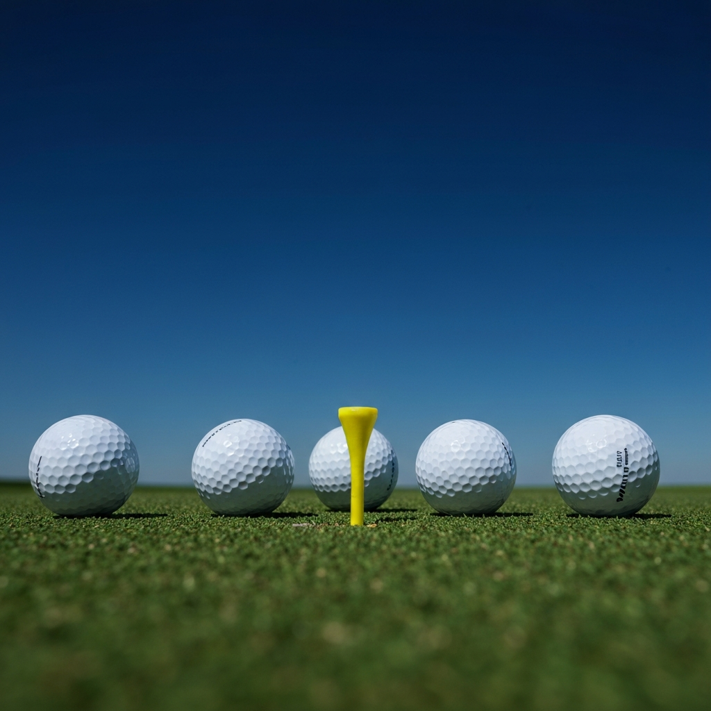 Overhead shot of four golf balls on a fairway, one marked with a bright yellow tee, side-lit to accentuate the grass texture, deep blue sky in the background.