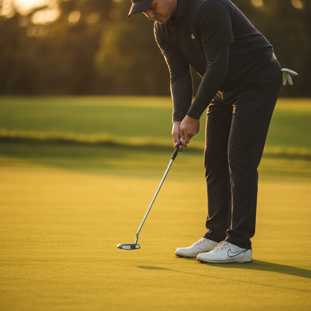 Close-up of a golfer carefully lining up a putt on the green, soft bokeh effect on the surrounding players, golden hour lighting creating a warm glow.