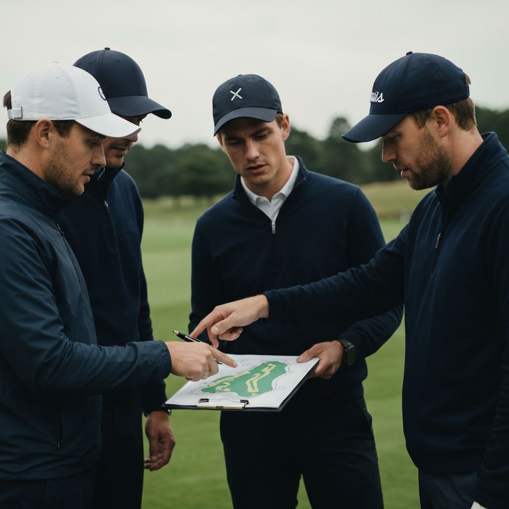 Group of golfers conferring and pointing at a golf course map on a clipboard, soft shadows indicating an overcast day, muted color palette to focus on the strategy.