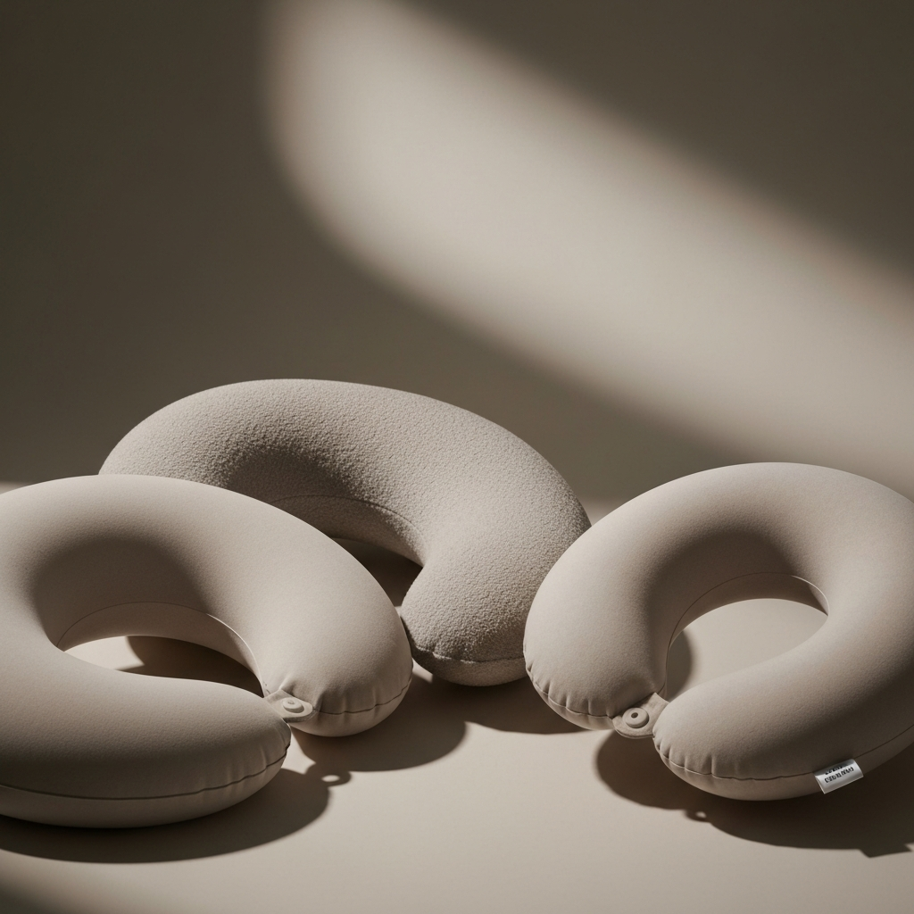 A close-up of three different travel pillows on a neutral background. One is a memory foam neck pillow, another is an inflatable neck pillow, and the third is a smaller body pillow. Soft, diffused lighting highlights the textures of the materials.