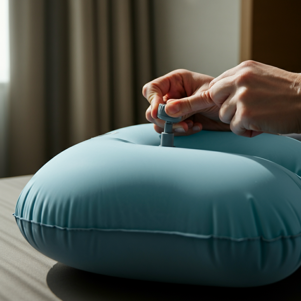 A person's hands inflating a travel pillow. The pillow is a light blue color, and the hands are carefully pressing on the inflation valve. The background is blurred, showing a neutral hotel room interior.